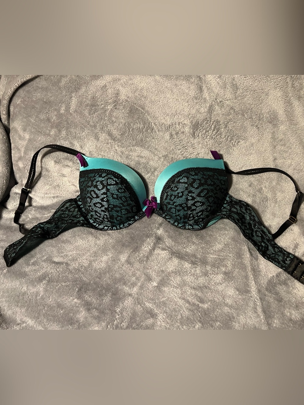 Victoria's Secret Teal and Black Lace Push-Up Bra with Purple Bow